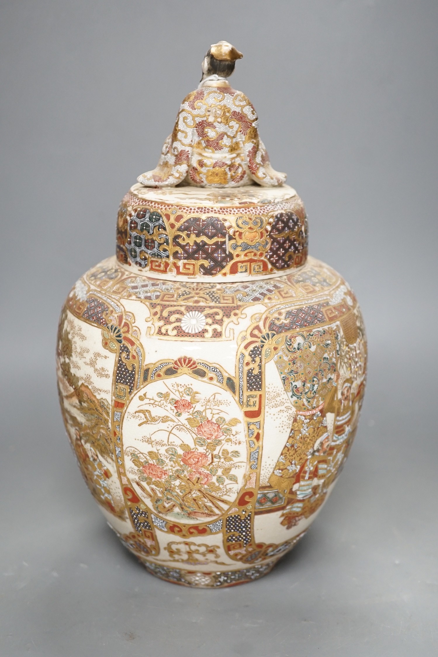 A Japanese Satsuma jar and cover, Meiji period, 29cm high 29cm, cover a.f